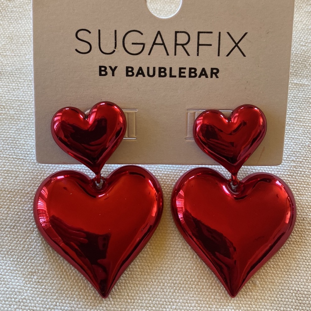 Sugarfix Baublebar Two Tone Heart Drop Metallic Earrings NWT Pink Red - Picture 7 of 9